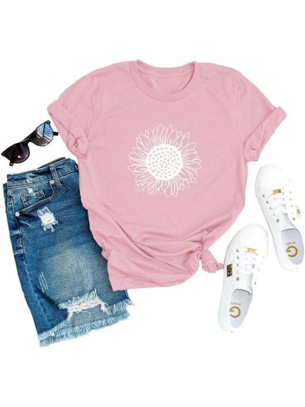 Women's Pink Crew Neck Short Sleeve Sunflower Graphic Vintage Tee Shirts Tops - Picture 3 of 5